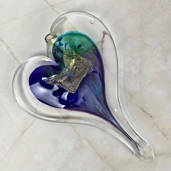 Art Glass Heart Shaped Paperweight Clear Blue Green Gold Handmade Artist - Picture 1 of 10